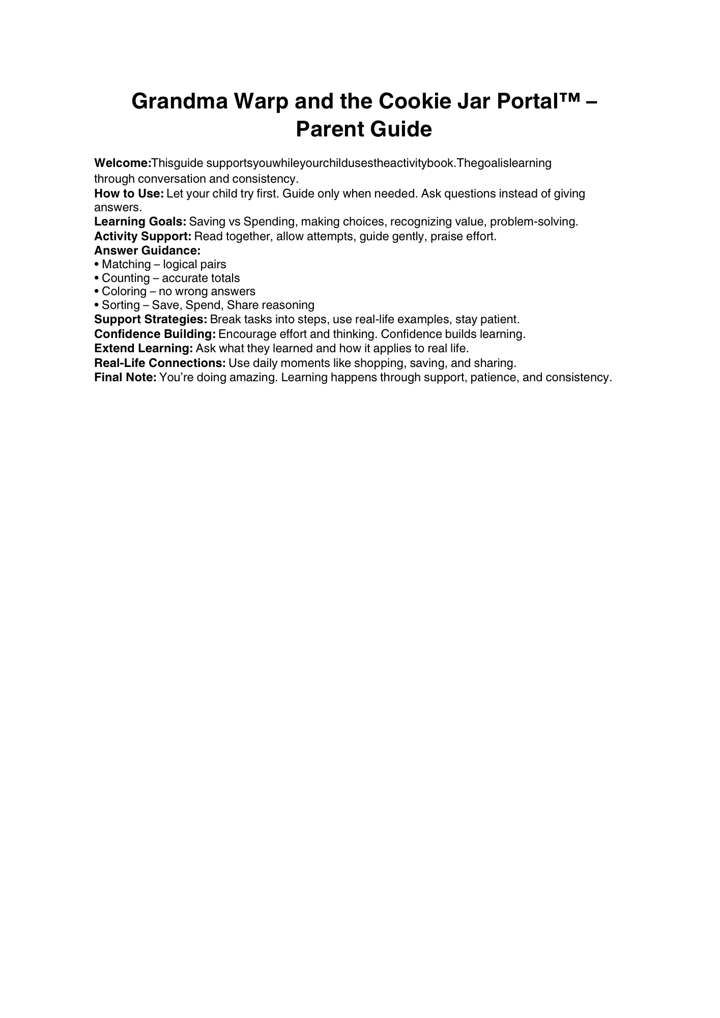 Grandma Warp and the Cookie Jar Portal Activity Bundle™ – Workbook, Answer Key & Parent Guide (38 Pages)
